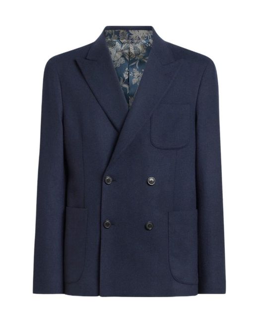 Etro Blue Double-Breasted Peak-Lapel Blazer for men