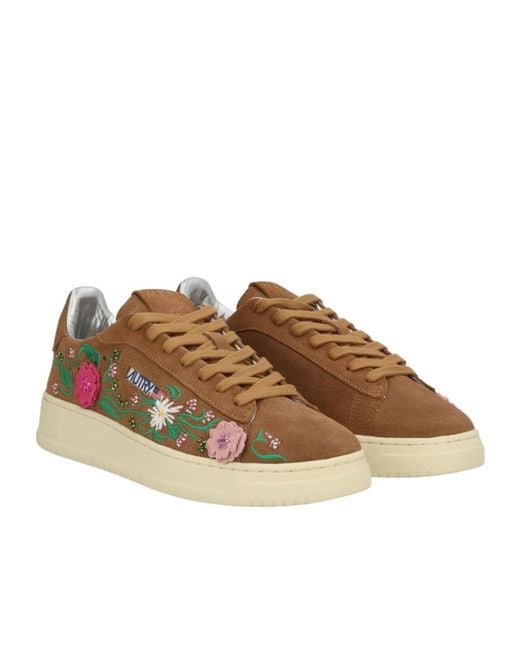 Autry Brown Floral-Embroidered Dallas Lace-Up Sneakers
