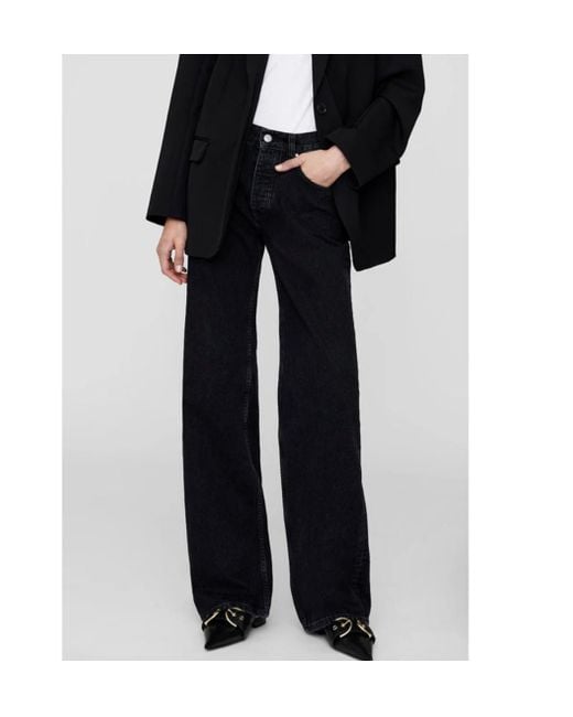 Anine Bing Black Logo-Patch Wide-Leg Denim Jeans