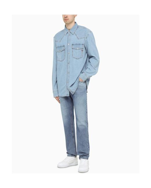 DIESEL Blue Logo-Embroidered Button-Up Denim Shirt for men