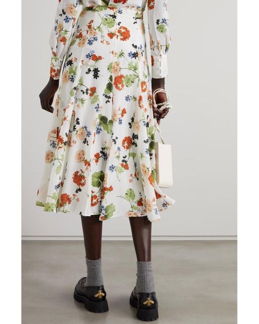 Erdem White Christina Pleated Printed Midi Skirt