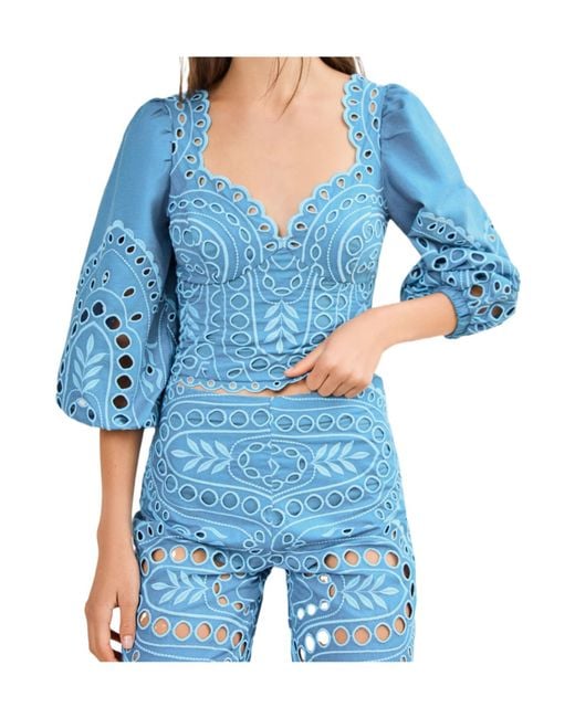Charo Ruiz Blue Bass Laced Puffed-Sleeve Top