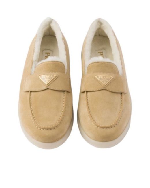 Prada Natural Triangle-Logo Slip-On Loafers
