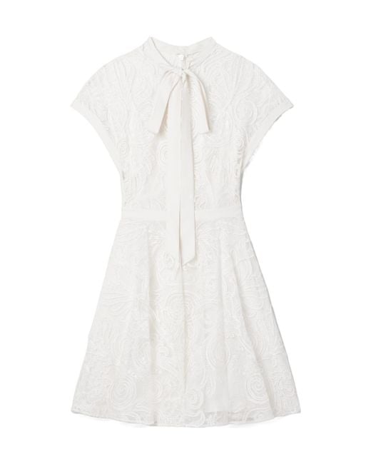 Zuhair Murad White Tie-Detailed Crepe-Trimmed Corded Lace Mini Dress