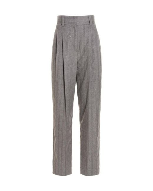 Brunello Cucinelli Gray Sequin-Inserted Wool Casual Pants