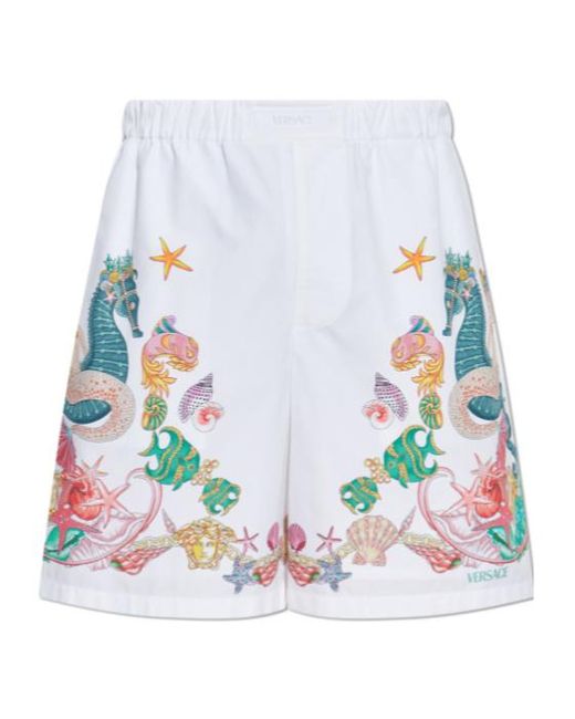 Versace White Coral Theatre Print Elastic-Waist Shorts for men