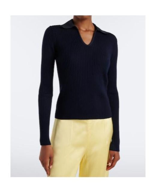 Jil Sander Blue Cutout Ribbed-Knit Wool Polo Sweater