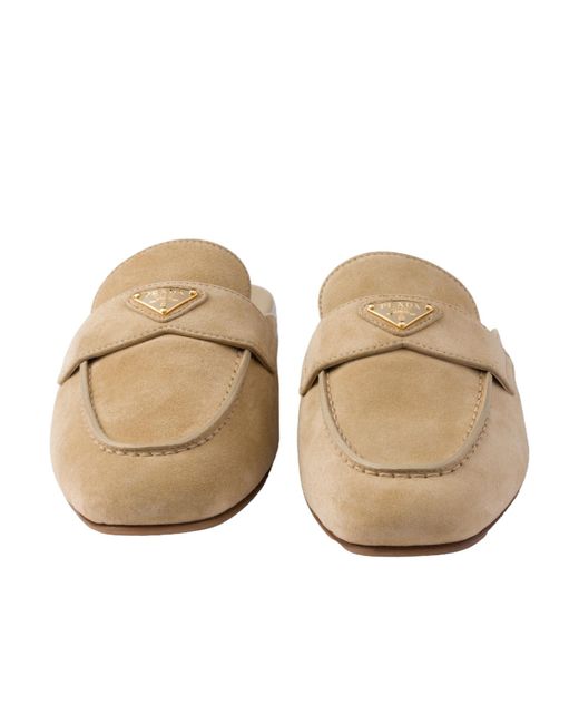 Prada Brown Logo Plaque Almond Toe Mules