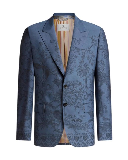 Etro Blue Single-Breasted Wool Jacquard Jacket With Flora And Fauna Motif for men