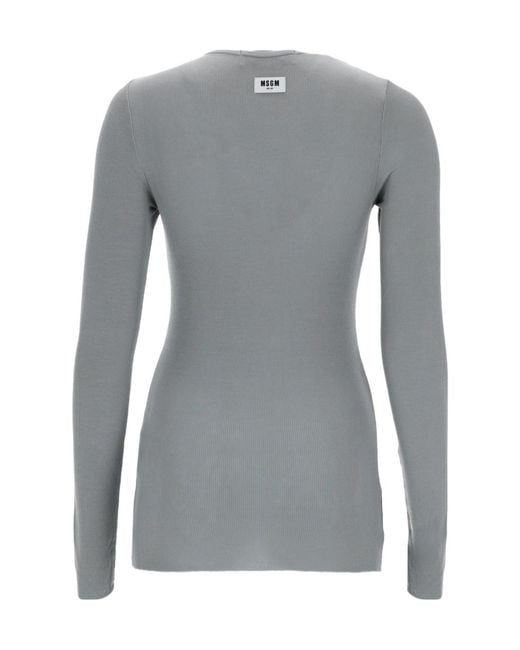 MSGM Gray Ribbed Long-Sleeve Knitted Top