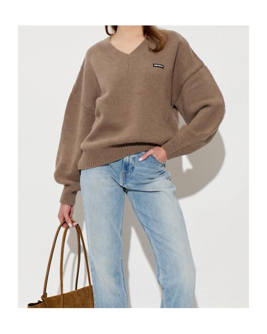 ROTATE BIRGER CHRISTENSEN Brown V-Neck Logo Knitted Sweater