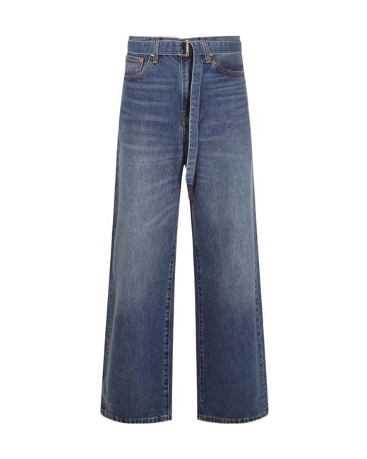Sacai Blue Logo Patch Wide-Leg Belted Jeans