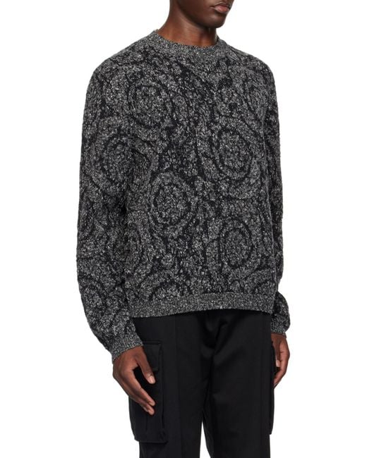 Versace Gray Barocco Jacquard Crewneck Tweed Jumper for men