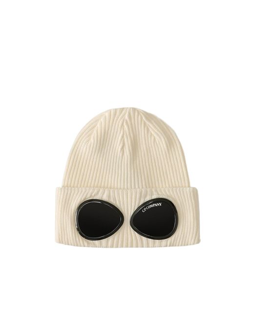 C P Company Natural Goggle Ribbed Beanie Hat for men