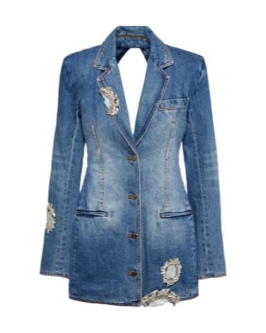 Area Blue Embellished Cutout Denim Blazer