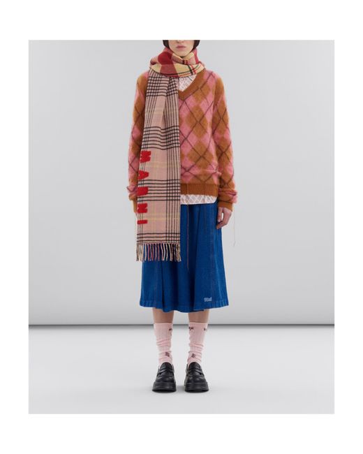 Marni Red Intarsia-Knit Logo Scarf