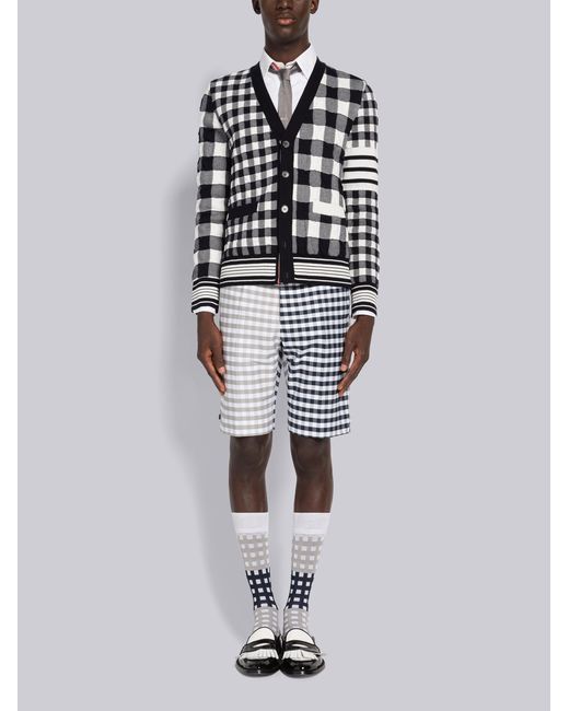 Thom Browne White 4-Bar Stripe Gingham-Check Cardigan for men
