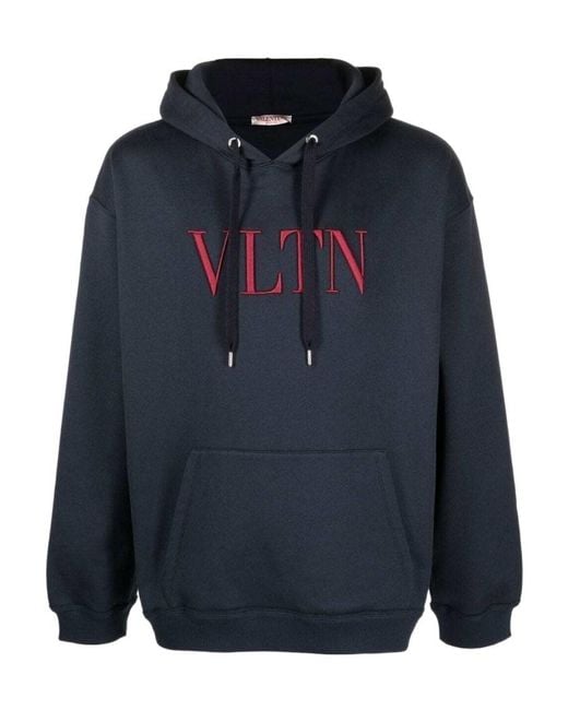 Valentino Blue Vltn Logo Embroidered Drawstring Hoodie for men