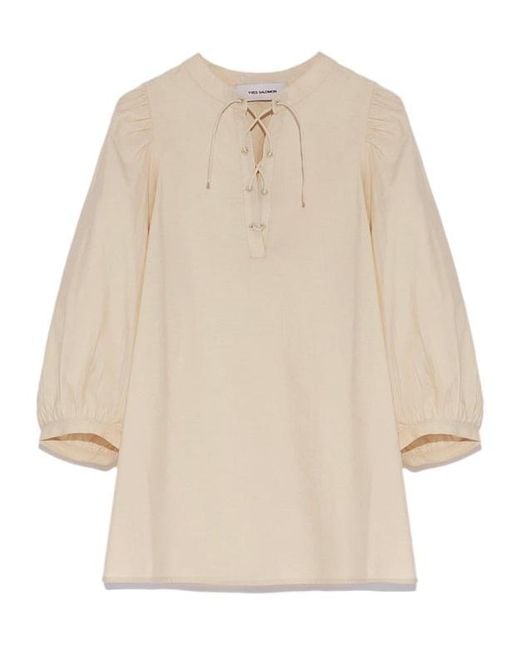 Yves Salomon Natural Tie Detailed Seersucker Blouse