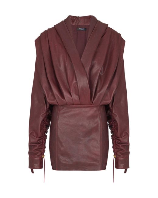 Balmain Purple Leather Short Hooded Dress