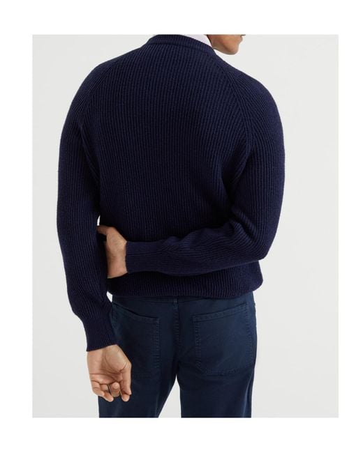 Brunello Cucinelli Blue Crewneck Ribbed-Knit Jumper for men