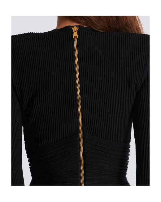 Balmain Black V-Neck Ribbed Long-Sleeved Dress