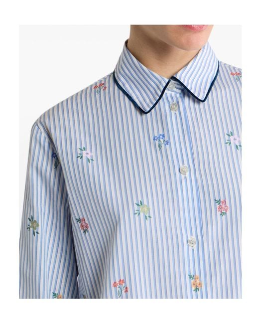 Etro Blue Striped Cotton Jacquard Shirt With Trim And Fil Coupé Flower Motif