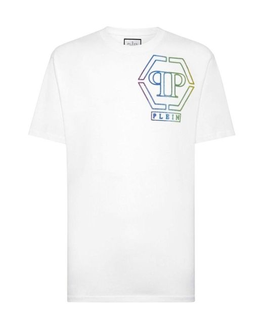 Philipp Plein White Logo Embellished Crewneck T-Shirt for men
