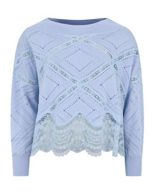 Ermanno Scervino Blue Lace Boat Neck Knit Sweater