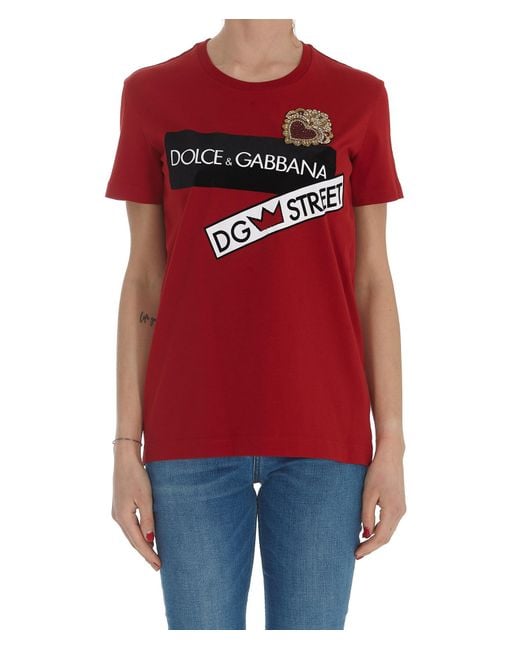 Dolce & Gabbana Red Bead-Embellished Logo-Print T-Shirt