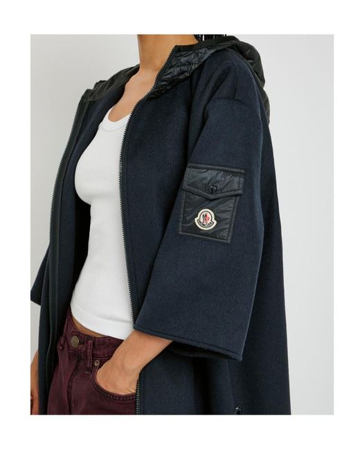 Moncler Blue Hooded Shell And Wool-Blend Cape Coat