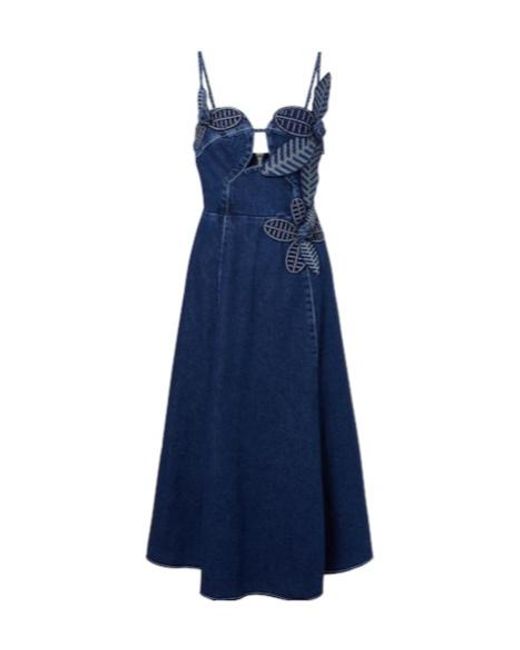 Farm Rio Blue Floral Appliqué Denim Midi Dress