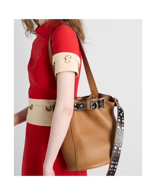 Prada Brown Buckle Leather Bucket Bag With Studded Belt