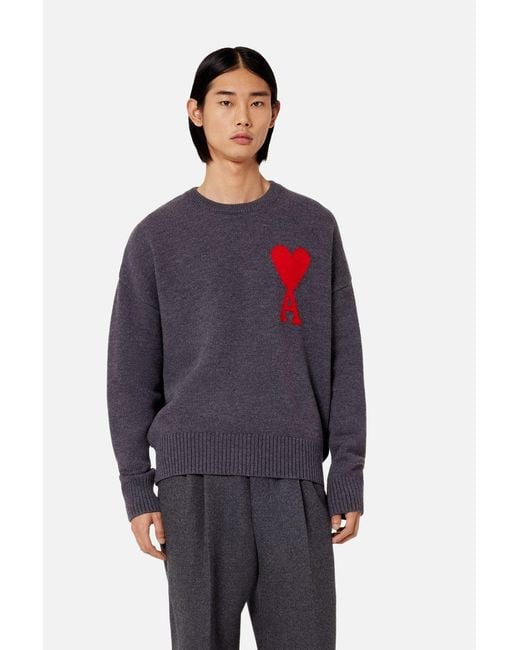 AMI Gray Ami De Coeur Crewneck Knitted Jumper for men