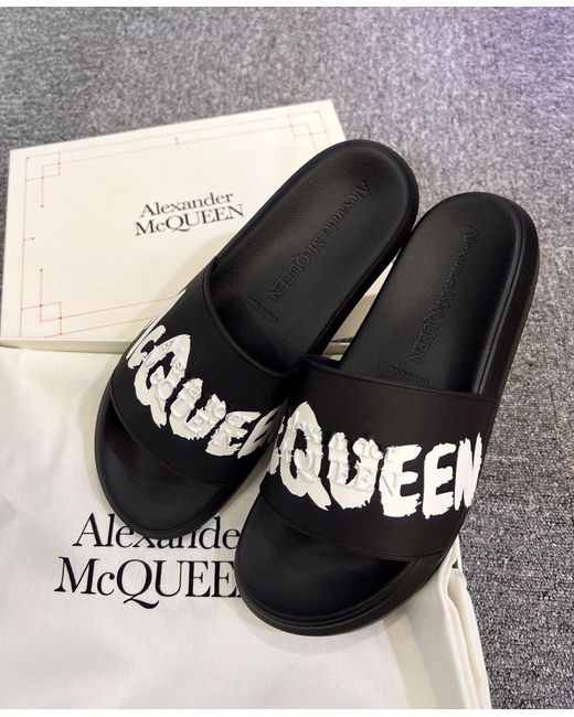 McQueen Black Grafitti Logo Printed Slip-On Slides for men