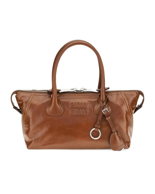 Miu Miu Brown Logo-Embossed Leather Tote Bag