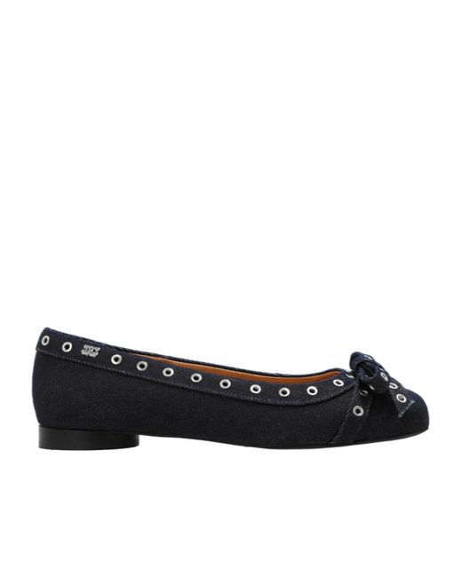 Ganni Black Denim Eyelet Bow Ballerinas