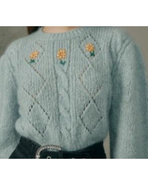 Alessandra Rich Blue Floral Embroidery Cable-Knit Jumper