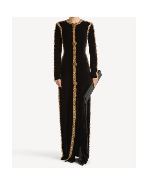 Balmain Black Long Velvet Dress With Embroidered Trim