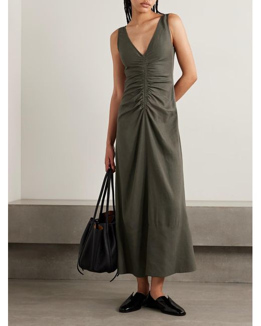 Proenza Schouler Green Remi Ruched Organic Linen-Blend Twill Maxi Dress