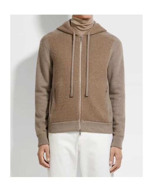 Zegna Brown Ribbed-Panel Zip-Up Hoodie for men