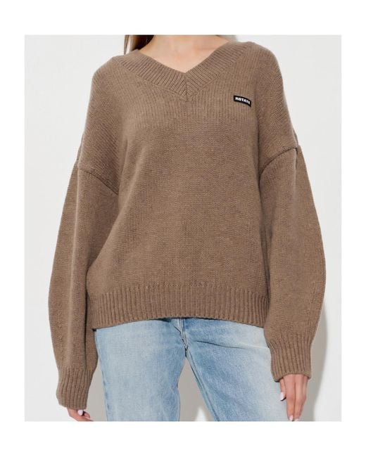 ROTATE BIRGER CHRISTENSEN Brown V-Neck Logo Knitted Sweater