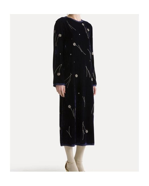Forte_forte Blue Fleurs D'Orient Velvet Midi Dress