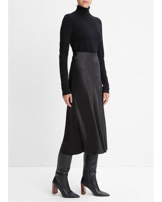 Vince Black Satin-Finish Draped Midi Skirt