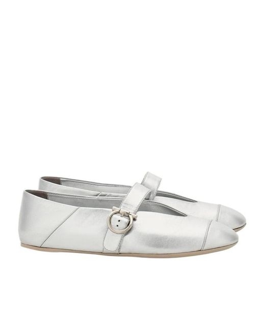 Ferragamo White Gancini Ballet Flats