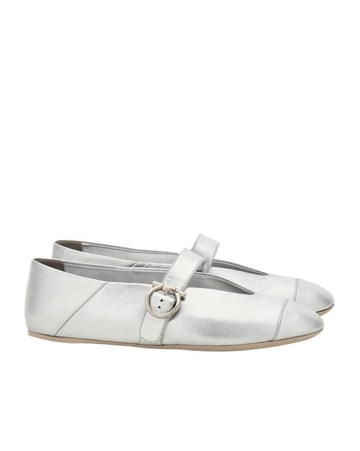 Ferragamo White Gancini Ballet Flats