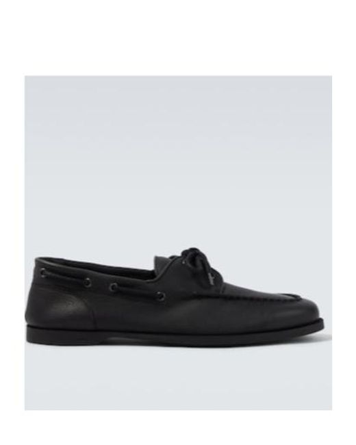 John Lobb Black Foil Leather Boat Shoes for men