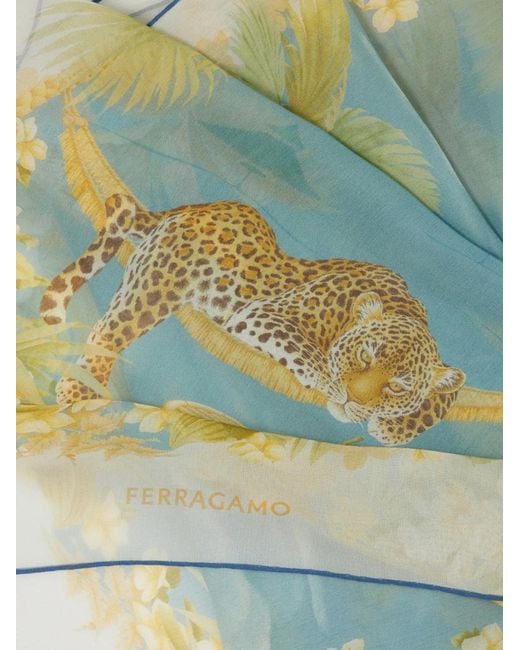 Ferragamo Blue Jungle Print Silk Scarf