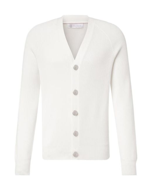 Brunello Cucinelli White Ribbed-Knit Cotton Cardigan for men