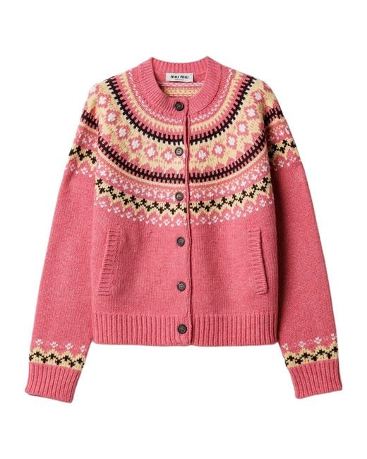 Miu Miu Red Wool Fair Isle Cardigan